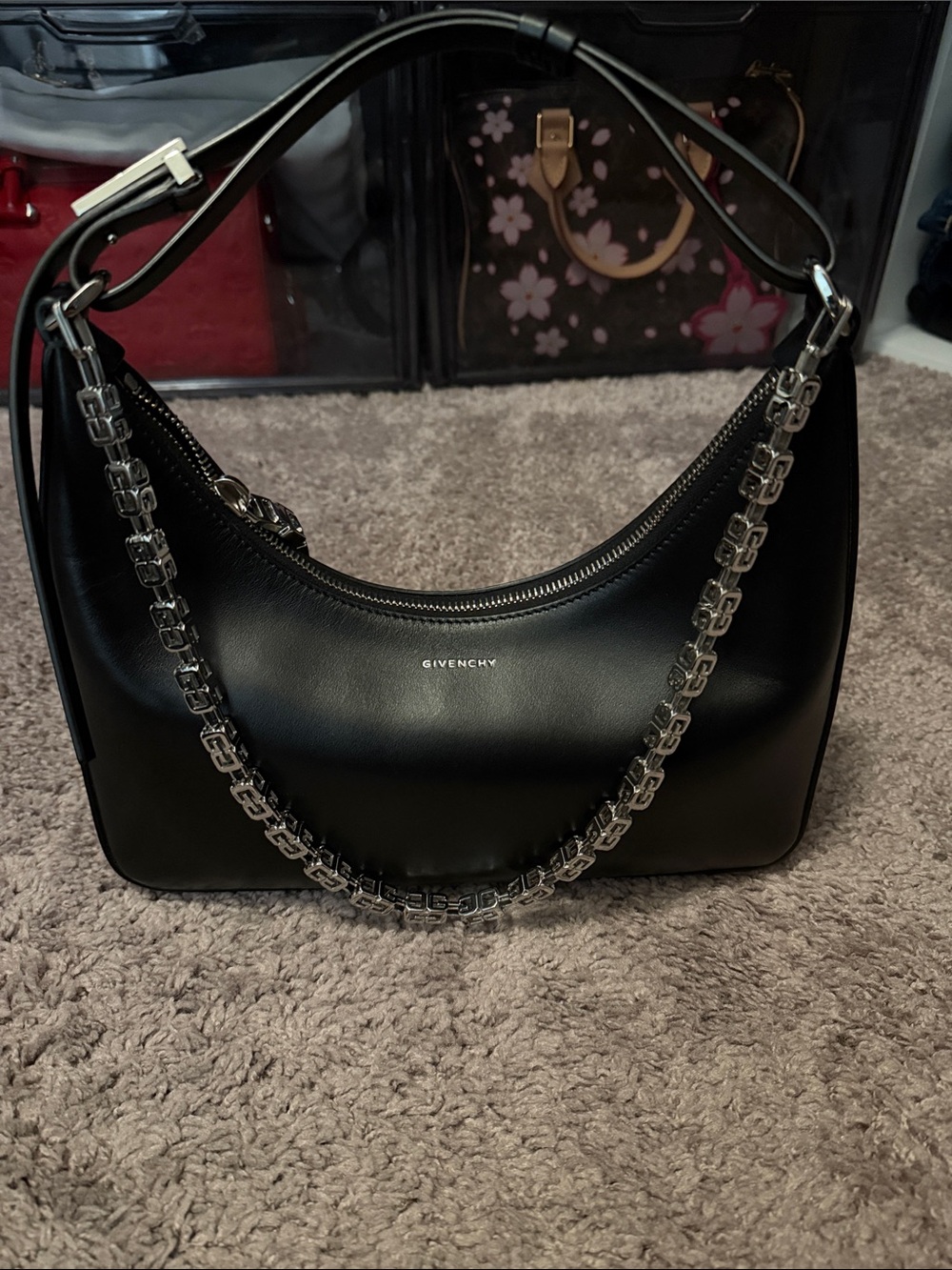 Givenchy Black Leather Shoulder Bag with Silver Chain